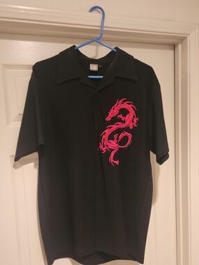 next Black Short-Sleeve Button-Down Shirt with Red Dragon Embroidery